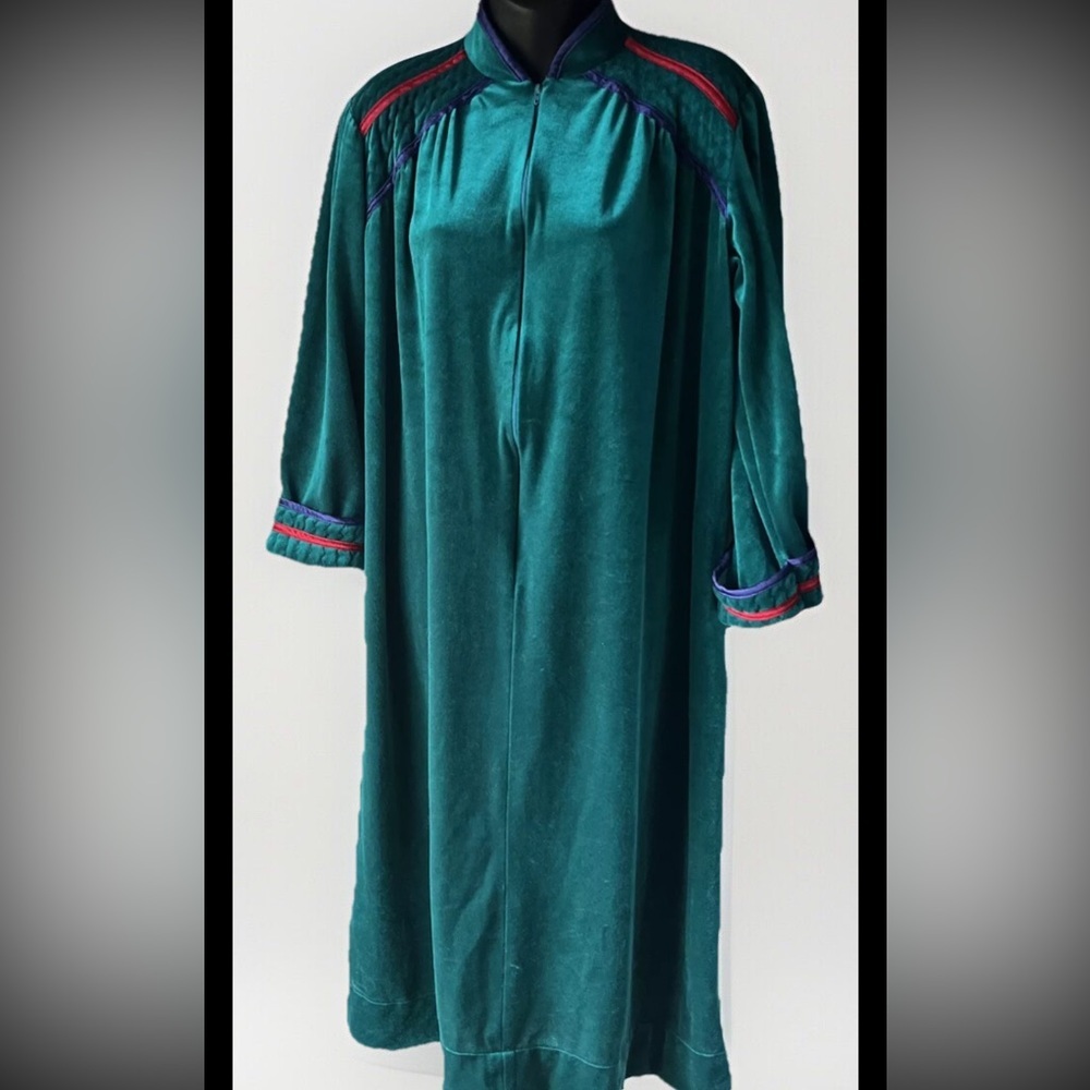 Vintage Velour Housecoat Anne Leslie Teal Half Zip Medium Grannycore Made In USA